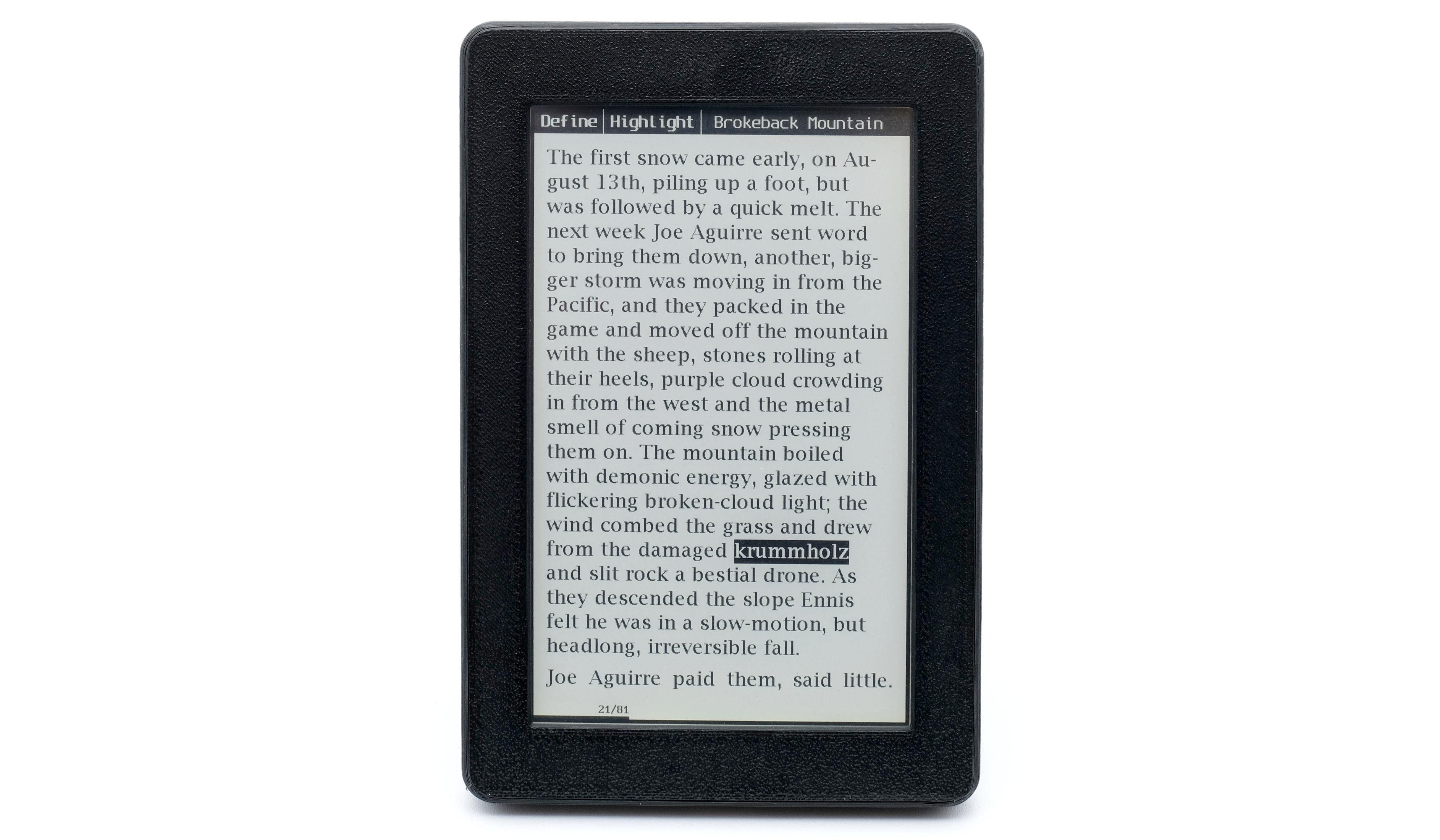 Photograph of Open Book Touch showing the interface for defining a word: the word “krummholz” is selected, and a toolbar at the top shows options for “Define” and “Highlight”.