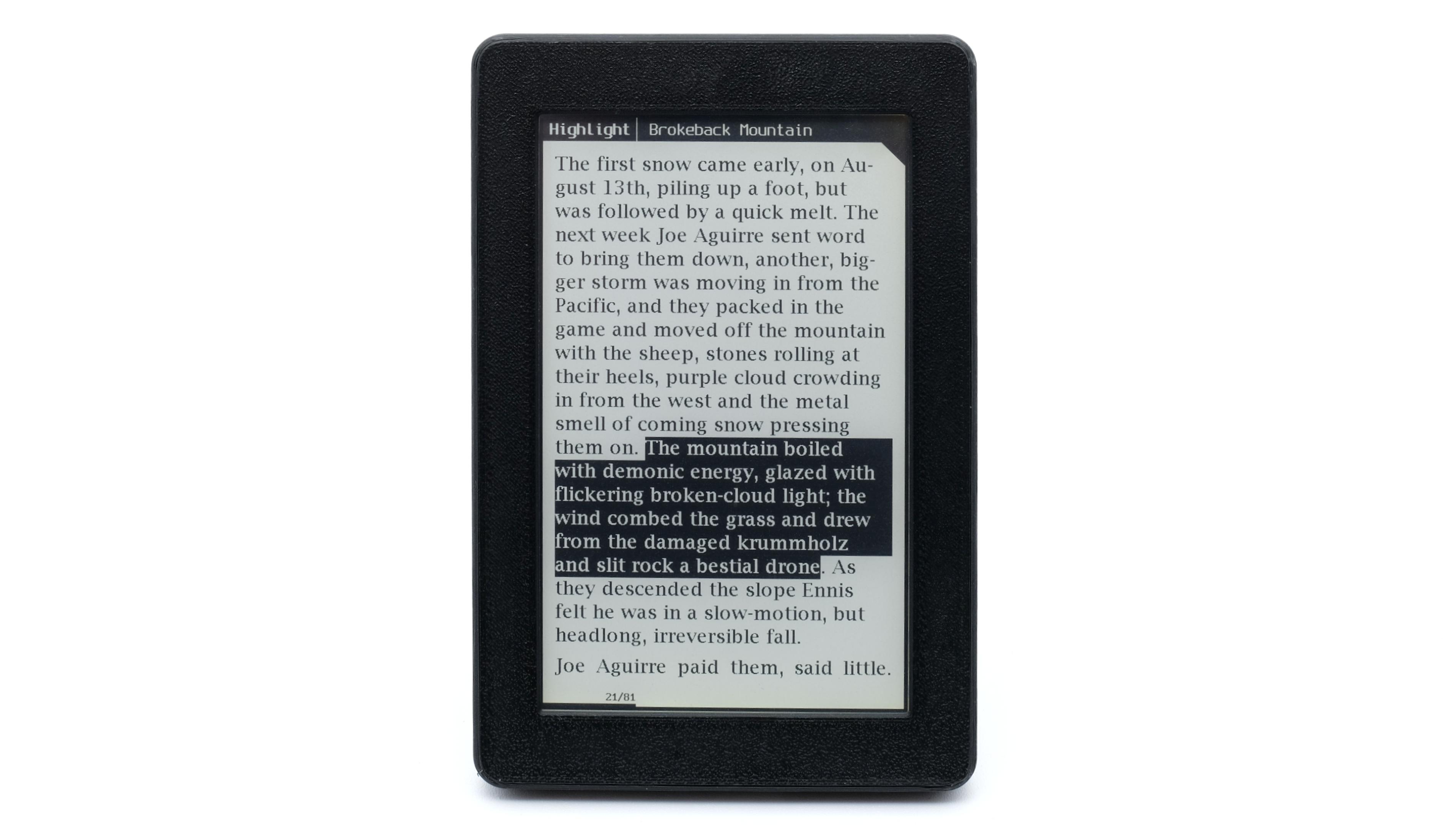 Photograph of a highlighted section of text on the same page of Brokeback Mountain. Highlighted text appears inverted, with a black background and white text, in contrast to the rest of the white page.