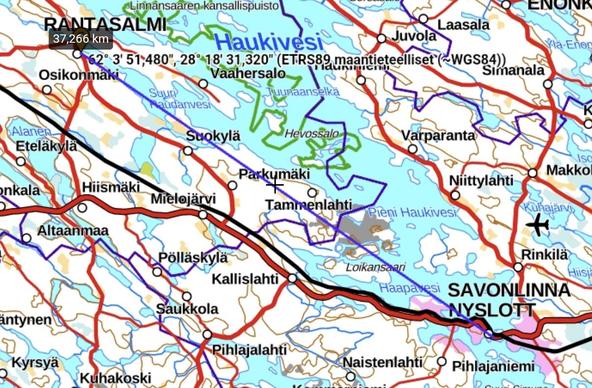 Karttakuva, jossa on merkintä Rantasalmen kohdalla ja viiva Savonlinnan keskustaan näyttäen reilun 37 kilometrin etäisyyttä.