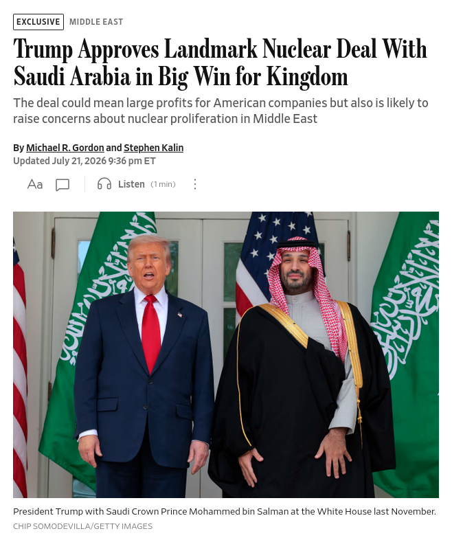 President Trump approved a 30-year agreement with Saudi Arabia to develop a civilian nuclear program. The multi-billion dollar deal involves US companies in infrastructure development and potentially domestic uranium enrichment. #Russia #US #Trump #SaudiArabia