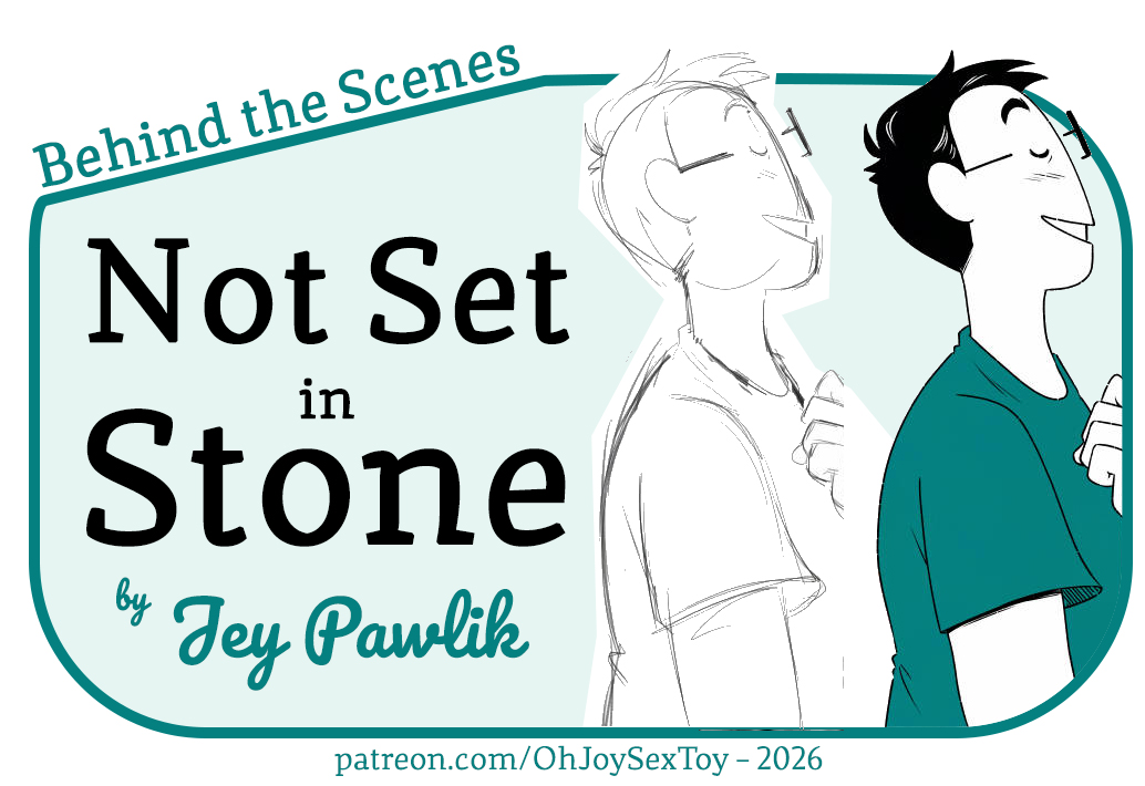 Text: Behind the Scenes: Not Set in Stone by Jey Pawlik. http://patreon.com/OhJoySextoy  - 2026 Image: A sketch placed next to the finished art of a person looking up in the air wistfully