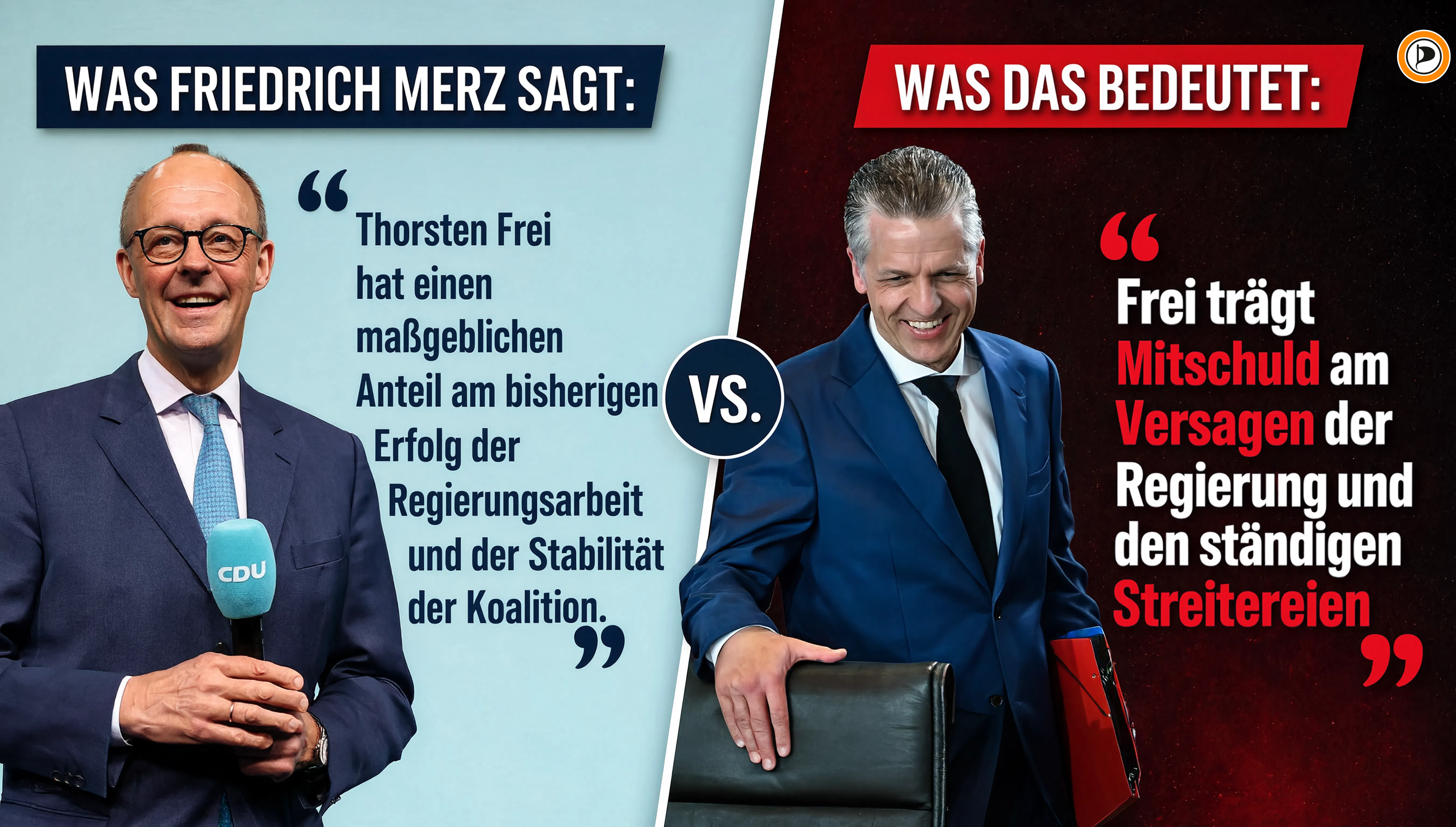 B Merz: "Thorsten Frei hat einen maßgeblichen Anteil am bisherigen Erfolg der Regierungsarbeit und der Stabilität der Koalition." Was das bedeutet: Frei trägt Mitschuld am Versagen der Regierung und den ständigen Streitereien"