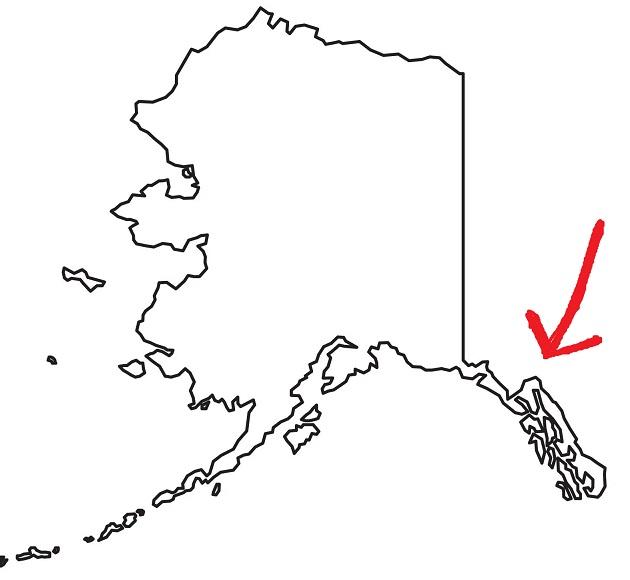 map of alaska with arrow pointing at the southeast part