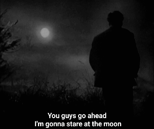 silhouette of a man at night saying "you guys go ahead, I'm gonna stare at the moon"