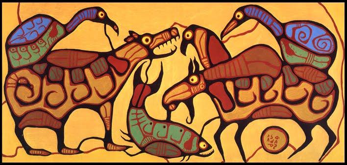 Painting called Animal Unity by Norval Morrisseau | Image Source: shamanisticart.com

On a earthly yellow background several painted animals can see in a typical style with blacklines that are filled up with colours earthly brown, blue, green and orange.