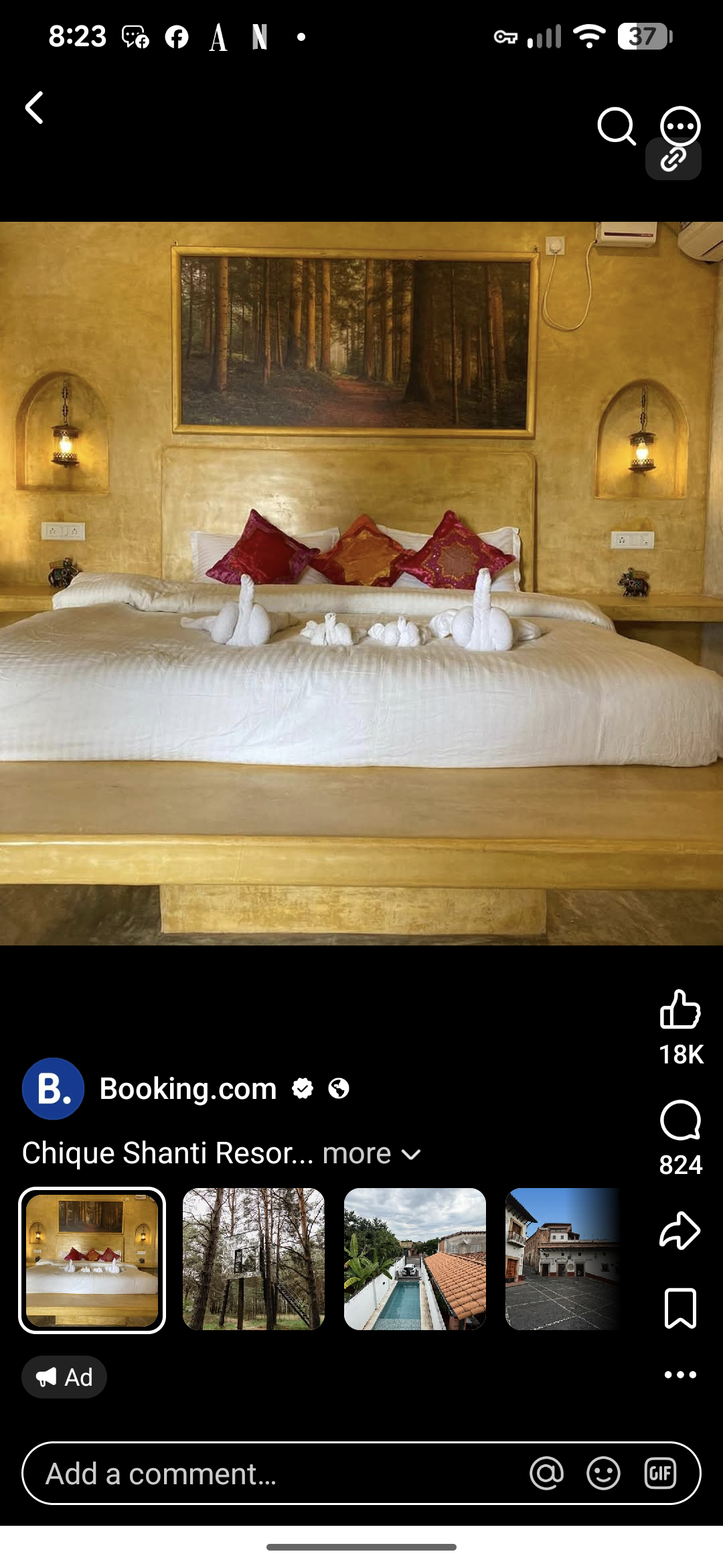Ad for a hotel picturing a bed with towels rolled to look like a bird but they look like dicks and balls