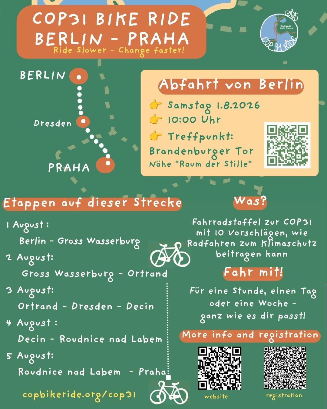Infografik mit Streckenkarte Berlin–Dresden–Prag, Etappenliste, Veranstaltungsdetails und QR-Code.

COP31 BIKE RIDE
BERLIN - PRAHA
Ride Slower - Change faster!
BERLIN  Dresden PRAHA 

Abfahrt von Berlin
Samstag 1.8.2026
10:00 Uhr
Treffpunkt: 
Brandenburger Tor  
Nähe "Raum der Stille”  
Dazu ein QR Code 

Etappen auf dieser Strecke
1 August : Berlin - Gross Wasserburg 
2 August: Gross Wasserburg - Ortrand 
3 August:  Ortrand - Dresden – Decin
4 August: Decin - Rovdnice nad Labem
5 August: Rovdnice nad Labem – Praha 
copbikeride.org/cop31

Was? 
Fahrradstaffel zur COP31 mit 10 Vorschlägen, wie Radfahren zum Klimaschutz 
beitragen kann. 

Fahr mit!
Für eine Stunde, einen Tag oder eine Woche - ganz wie es dir passt!
More info und registration 
2 QR Codes