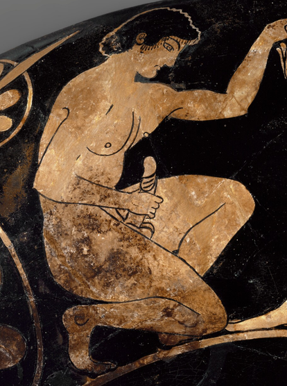 Ancient Greek erotic vase painting of a young man masturbating.