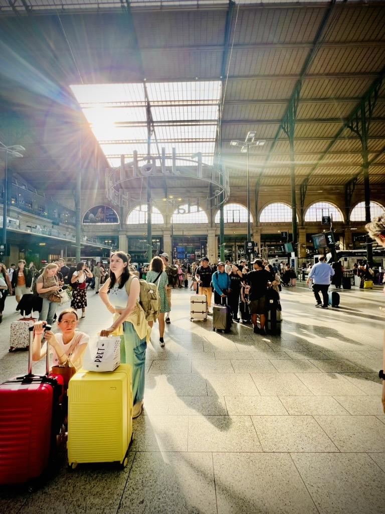 ‎⁨Gare du Nord, Paris⁩, ⁨Île-de-France⁩, ⁨France⁩

A bustling train station concourse illuminated by bright sunlight streaming through high skylights, casting dramatic lens flares and shadows across the tiled floor. Numerous travelers with colorful suitcases and backpacks fill the spacious hall beneath a vaulted steel ceiling with green support columns.