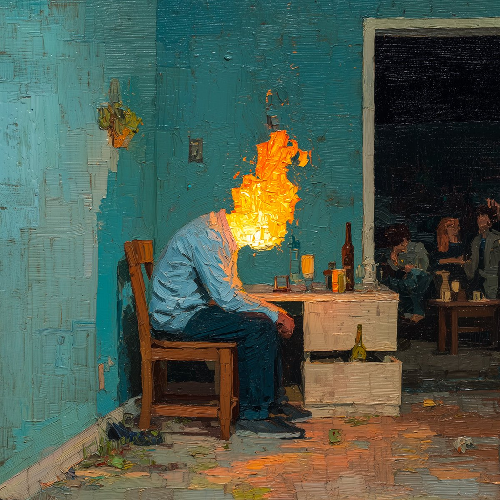 An oil painting with thick texture showing a figure sitting slumped on a chair at a table in a dimly lit room, with bright yellow and orange flames engulfed around their head. In the background through an open doorway, a group of people sit around a table at night.