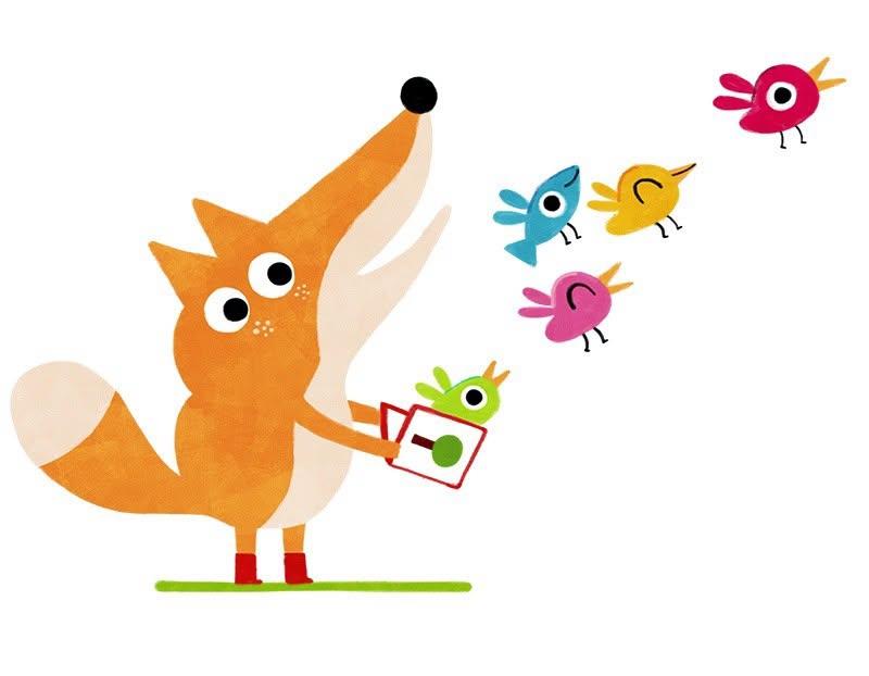 un renard qui ouvre un livre d'où s'échappent des oiseaux et un poisson