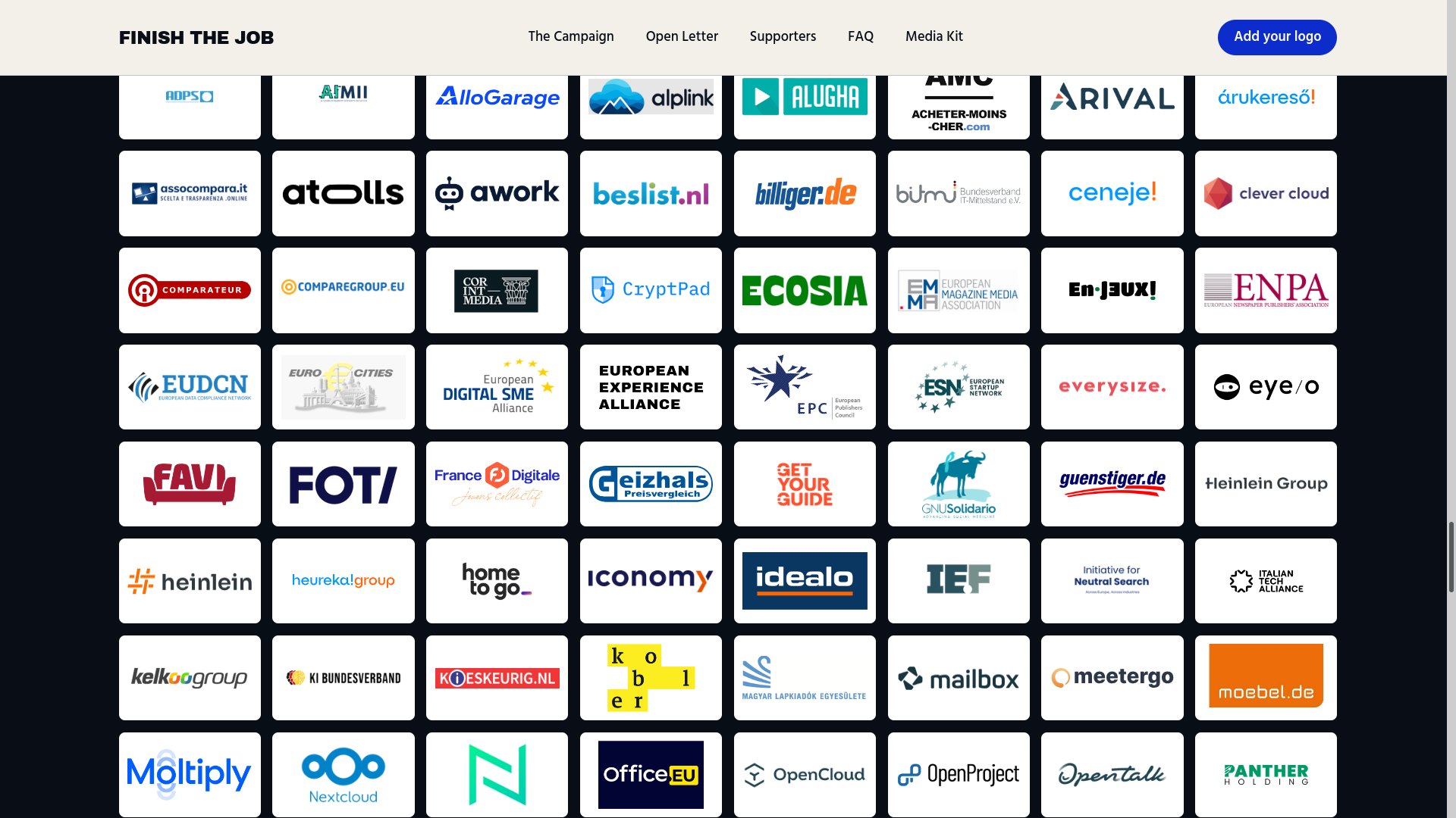 Logos from the signatories organizations on the "Finish the job campaign". Some of them are GNU Solidario, Cryptpad, NextCloud and OpenProject, among others