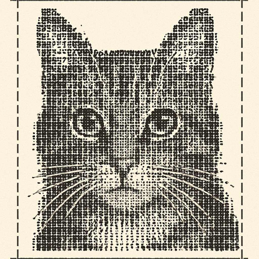"ASCII art" image of a cat head/face. Quite detailed. Done with overprinting. Detail similar to a medium resolution black and white photo.