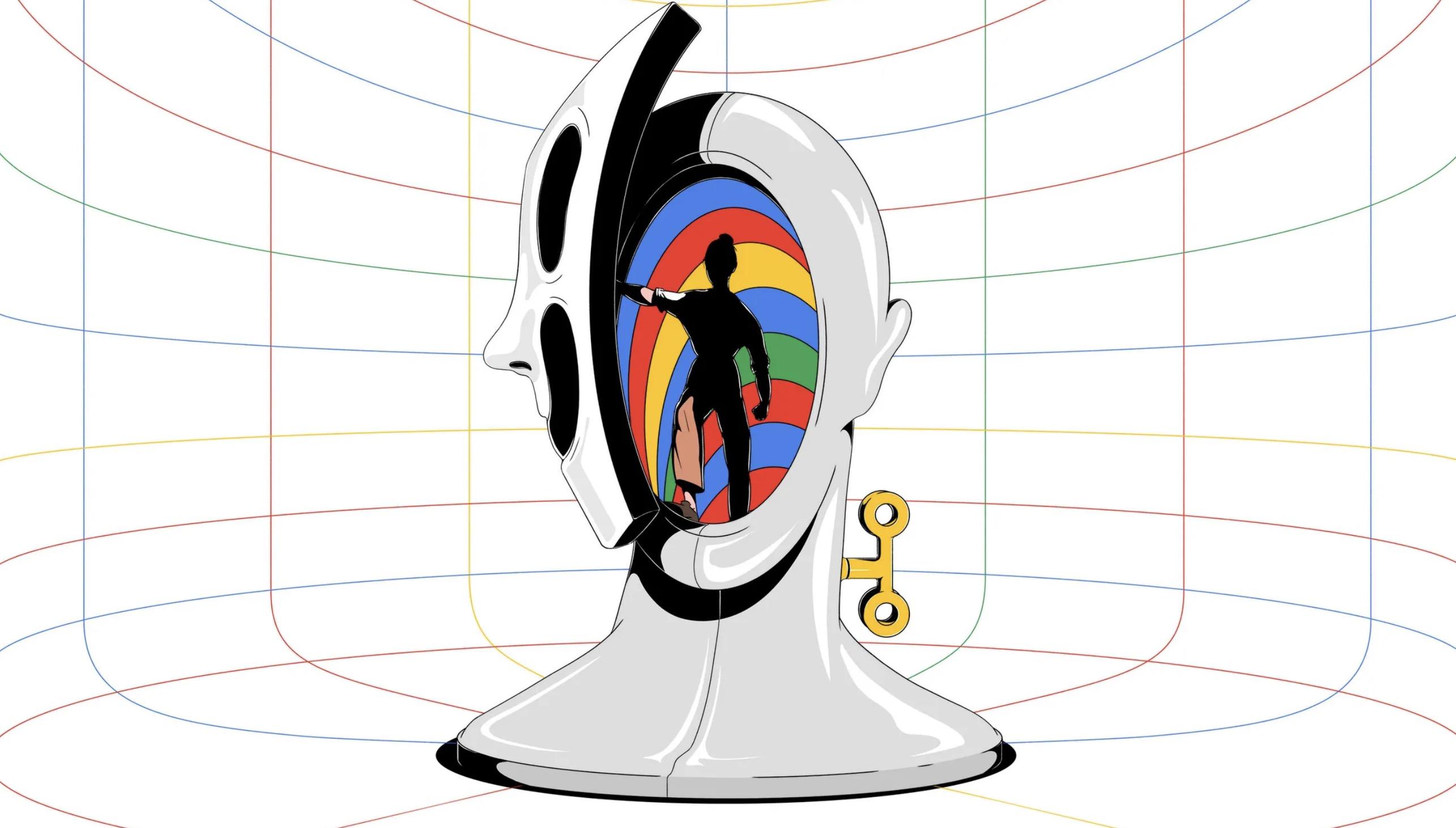 Illustation of a giant mechanical head smaller figure Google colors