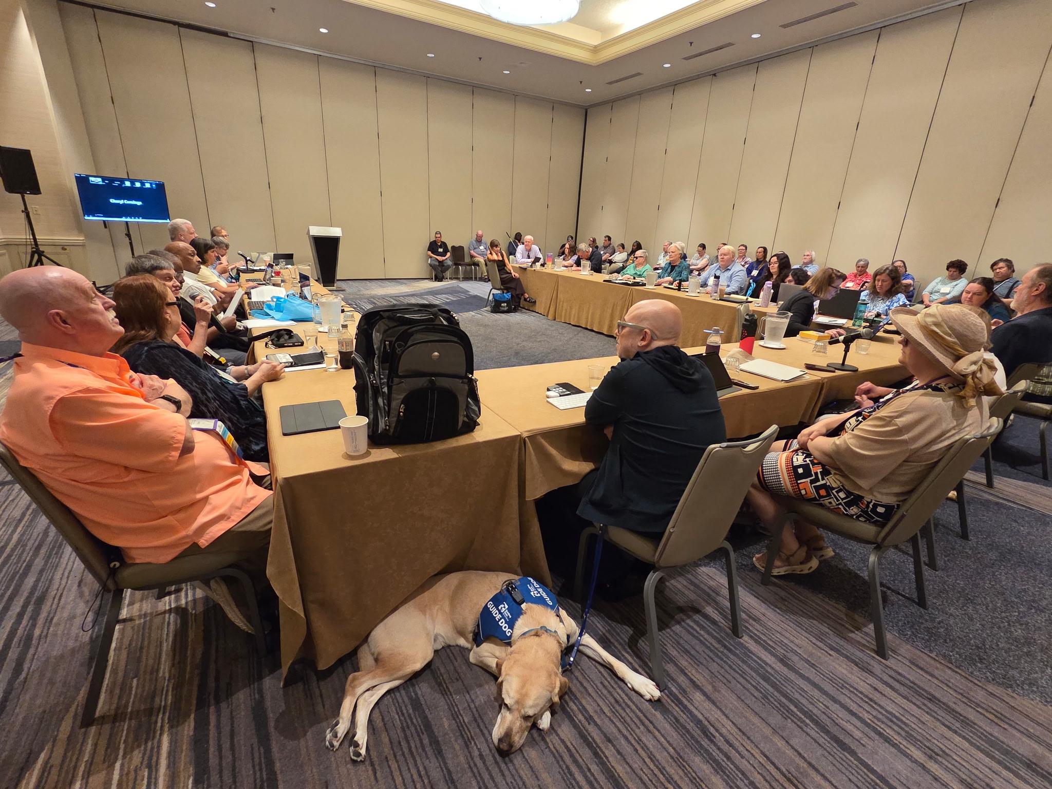 ACB Board members and ACB staff seated around a large U-shaped table in a hotel ballroom, with attendees seated along the perimeter of the room.
