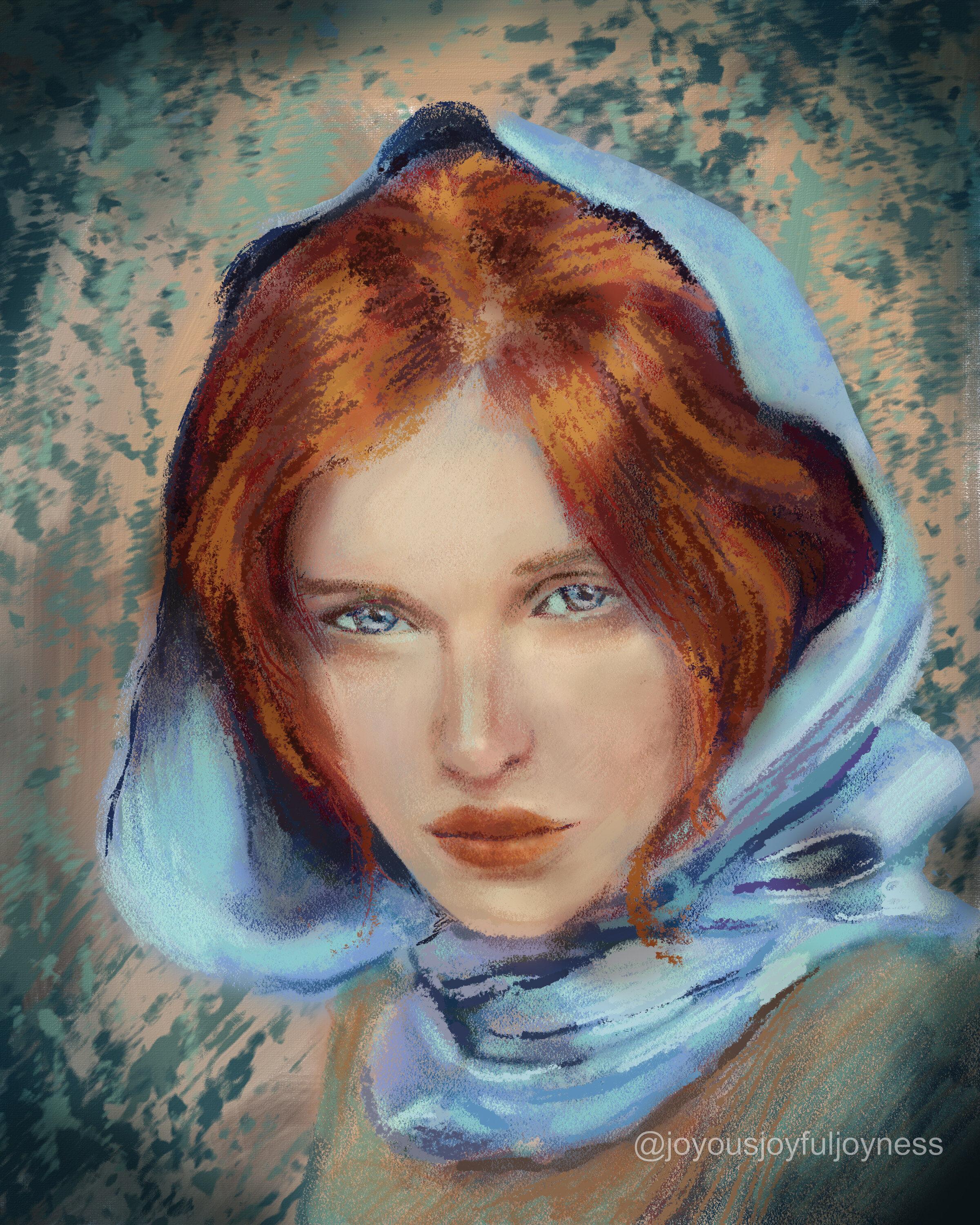 Painting of a red-headed woman with light blue eyes wearing a blue headscarf, looking out at the viewer. The artist's signature and @joyousjoyfuljoyness watermark are at the bottom right.
