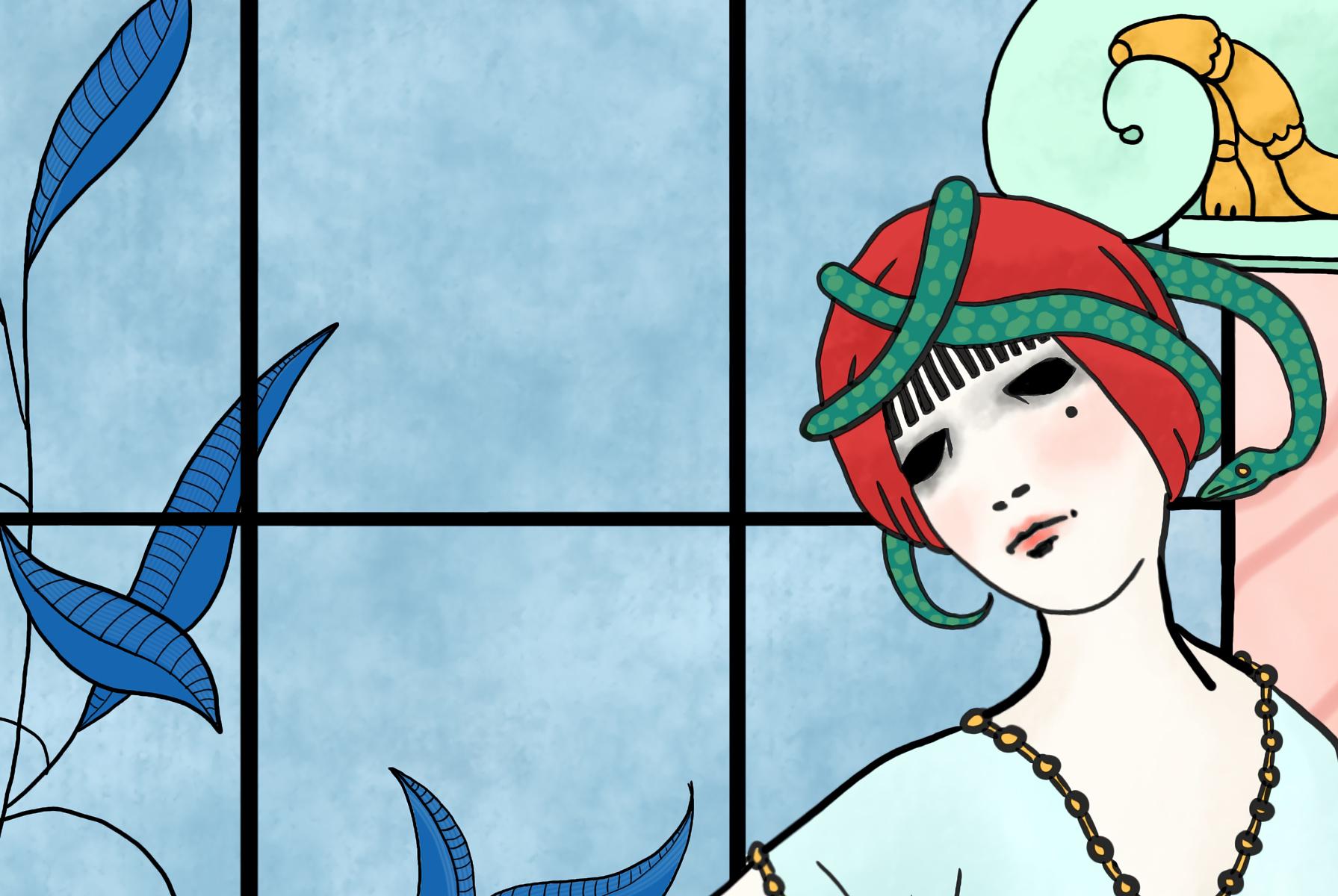 Detailausschnitt des gleichen Werkes. Es zeigt den Kopf der Frau mit dem roten Turban und der Schlange, wie auch das Fenster im Hintergrund und ein paar der blauen Blätter.
