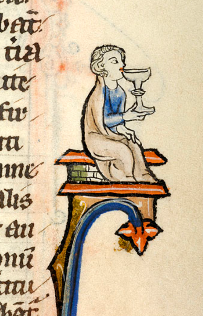 Medieval manuscript image of a man sipping from a large goblet while sitting on a bench.