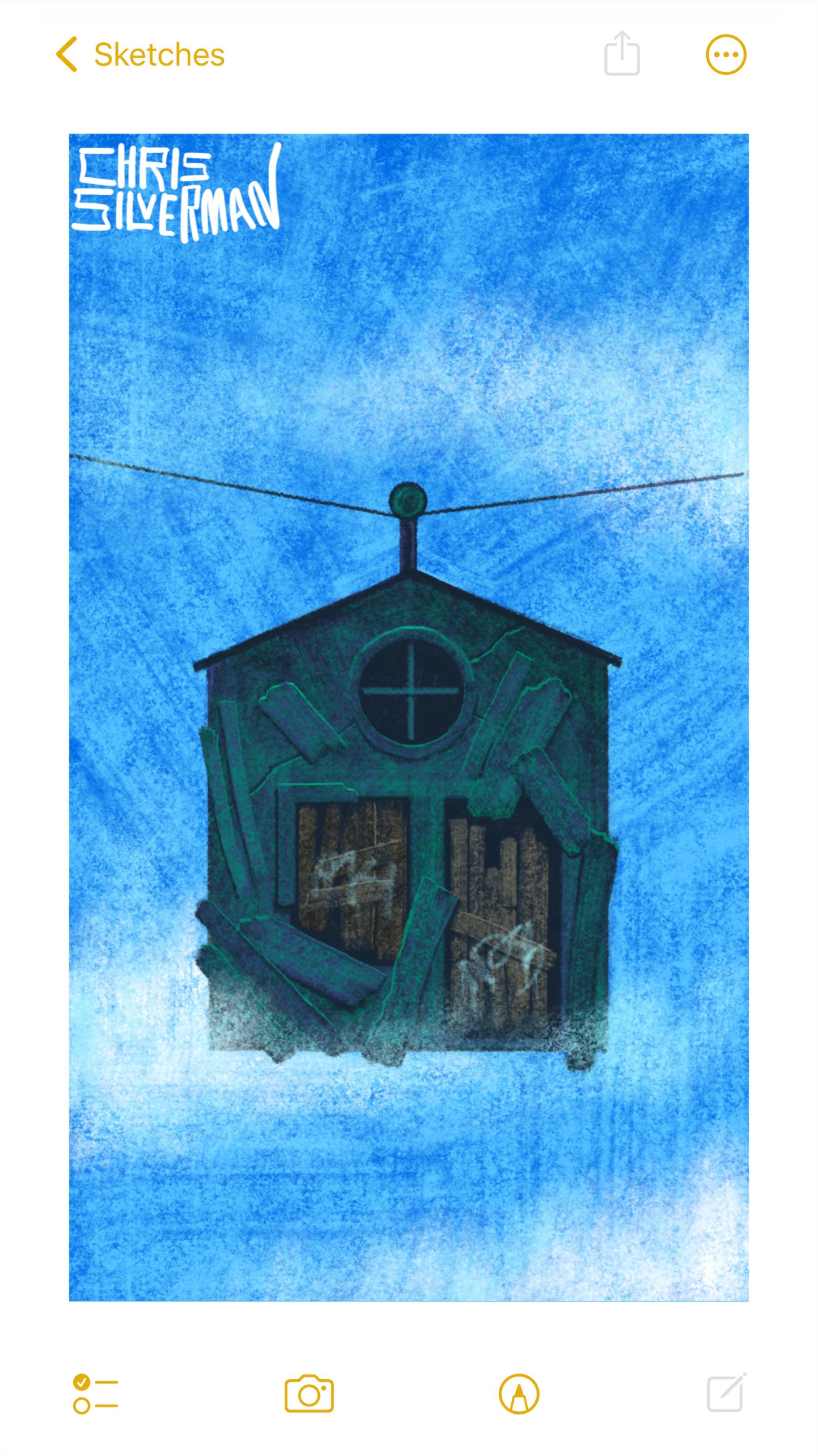 A dark green ramshackle house hangs from a pulley that rolls along a cable. The house is suspended in the middle of a slightly cloudy blue sky. It is heavily patched together with boards and has a few graffiti tags on it. It has a door, a window, and then a round window under the roof. The painting is signed "Chris Silverman".