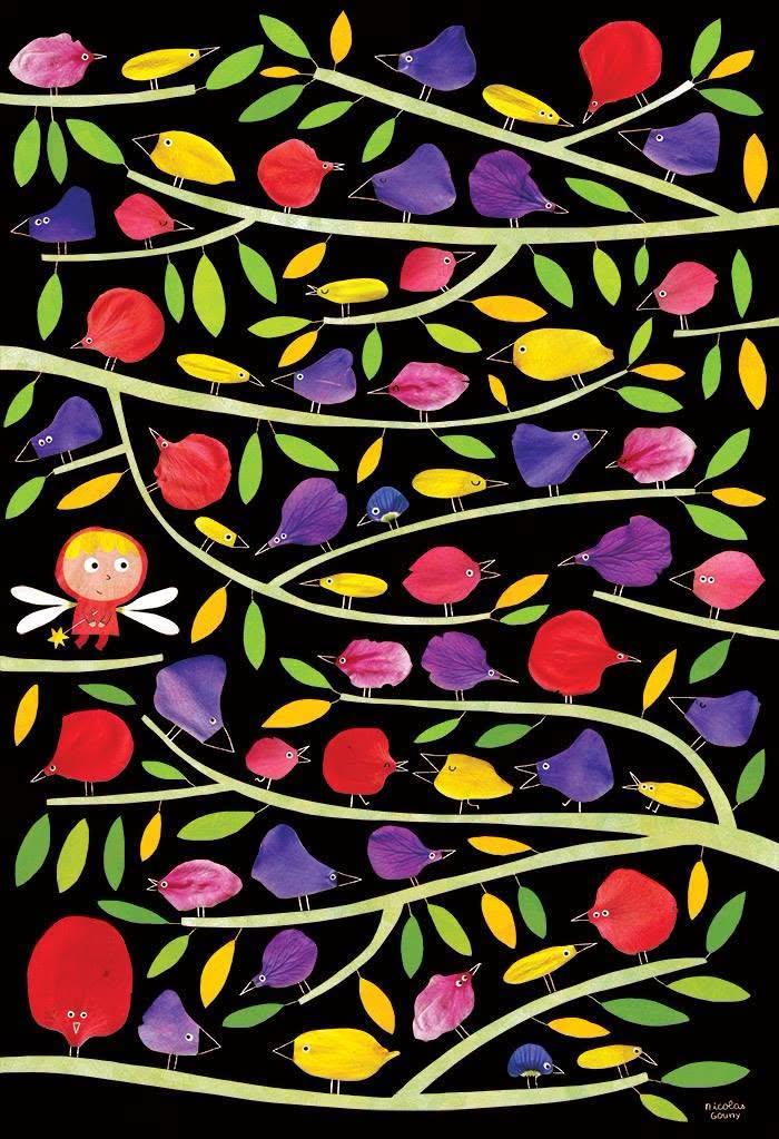 une petite fée entourée d'oiseaux colorés sur un fond noir