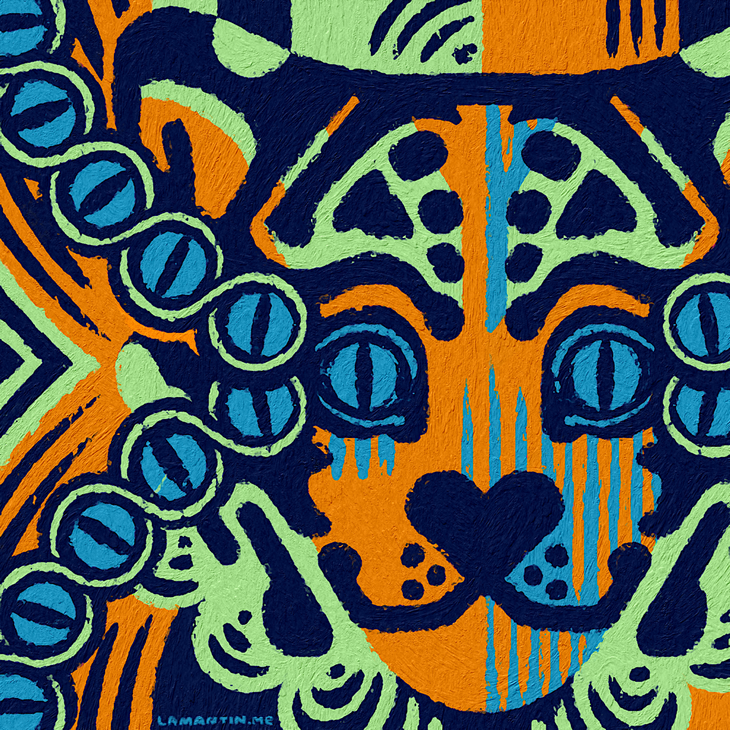 A digital artwork featuring an orange tiger with green accents. Many blue eyes extend outwards from the tiger's eyes
