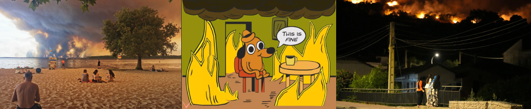 Drie plaatjes op rij: links mensen op een Frans strand die naar een enorme bosbrand in de verte kijken, in het midden de welbekende "This is fine"-meme van een hondje (?) in een brandende kamer, en rechts mensen in Spanje die naar een brand in de verte kijken. Met dank aan alle klimaatontkenners!