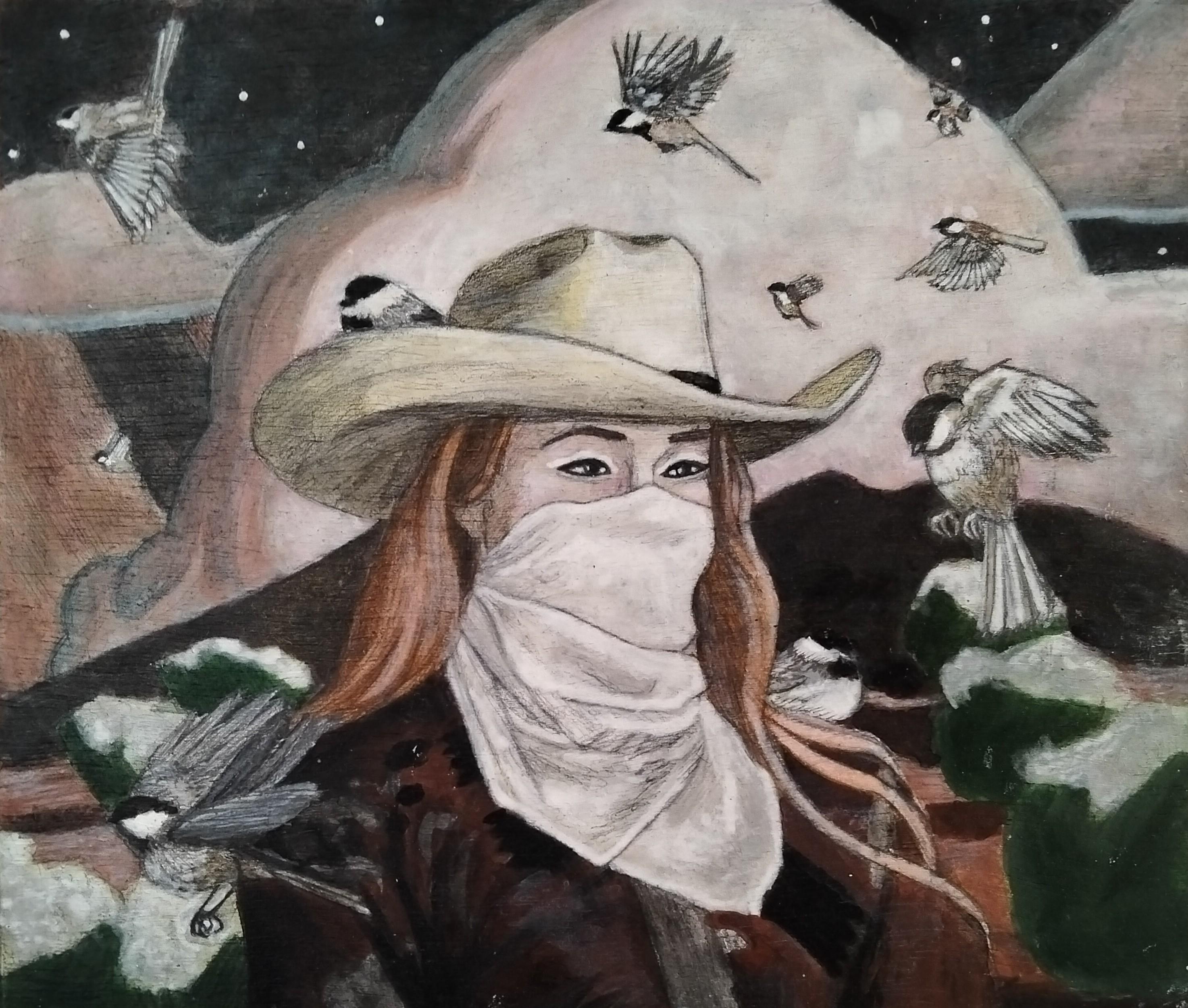 a painting, it is square shaped, of a red-haired woman, long and down, wearing a cowboy hat and seen from her chest up, looking to the right, seen in a three quarter view, clouds and sunset behind her, a flock of chickadees flying around her
