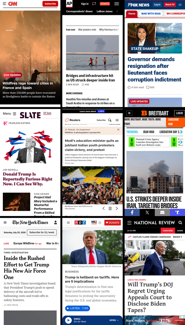 A 3x3 grid of the mobile front pages of CNN, AP News, Fox News, Slate, Reuters, Breitbart, New York Times, NPR, and National Review. The screenshots were taken on July 25th, 2026, at about 11:31 AM ET.