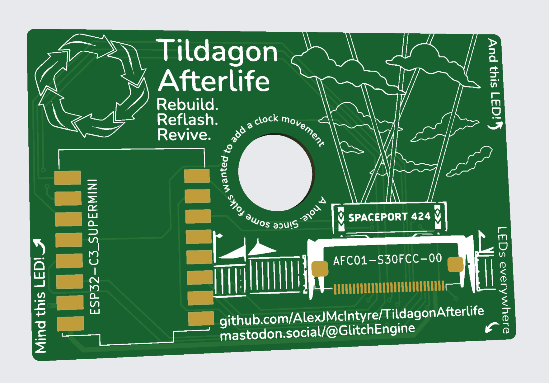 A render of a PCB. There is a 6-sided recycling logo, and one of connectors has been made up to look a bit like the entrance to Null Sector, complete with lasers.