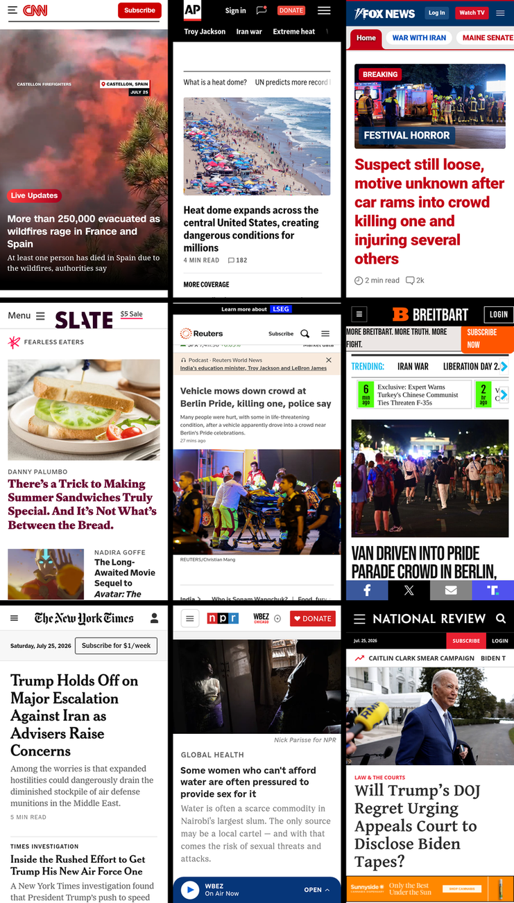 A 3x3 grid of the mobile front pages of CNN, AP News, Fox News, Slate, Reuters, Breitbart, New York Times, NPR, and National Review. The screenshots were taken on July 25th, 2026, at about 7:29 PM ET.