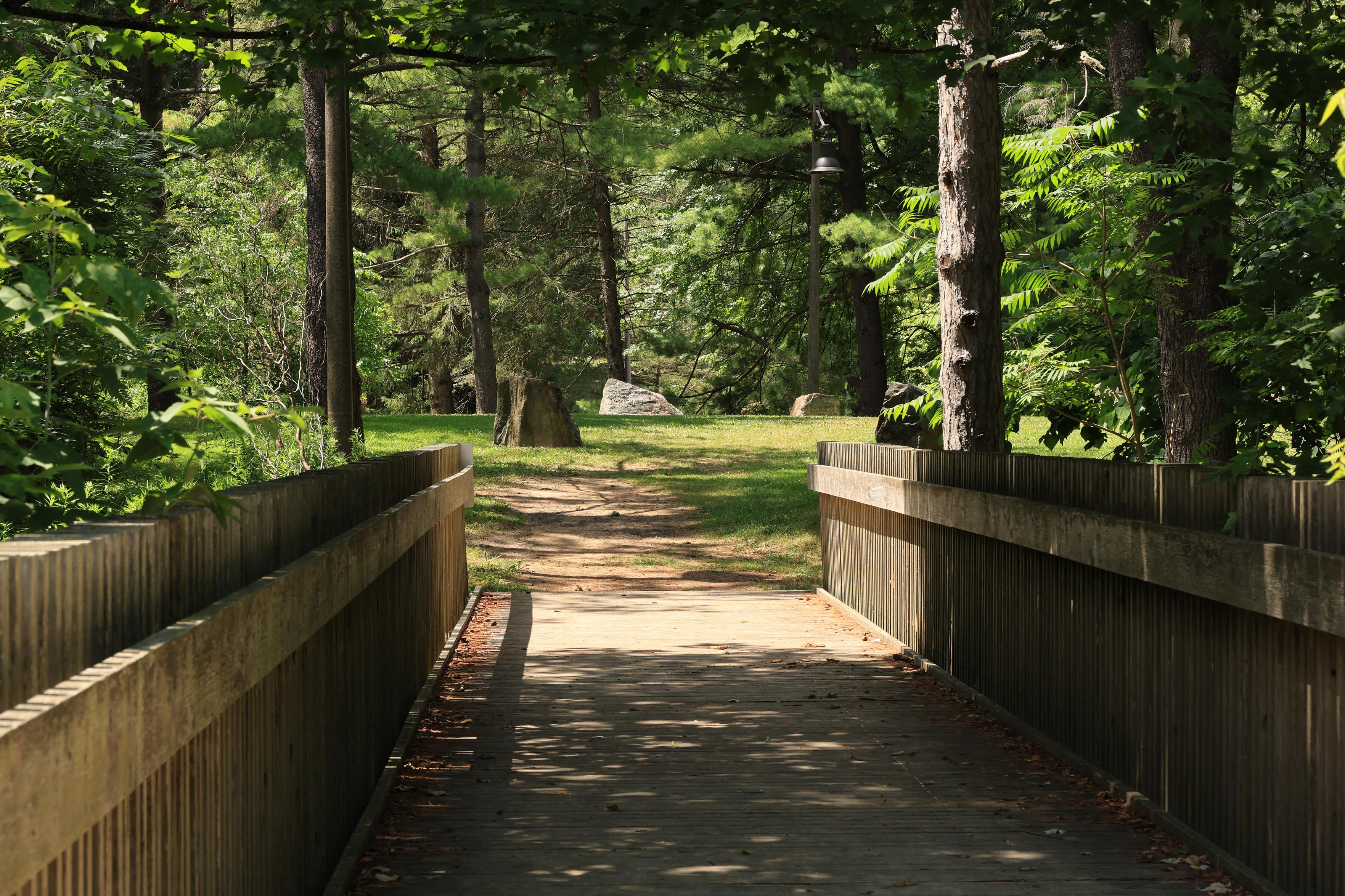 This is a landscape photo taken in the summer from one end of a shorter foot bridge. The wooden bridge extends into the distance until approximately mid-frame. The other side of the bridge is a flat grassy area with a number of mature trees spread out over the area. Some larger rocks can be seen on the ground here. It was a sunny day, so shadows can be seen in various places in the photo.