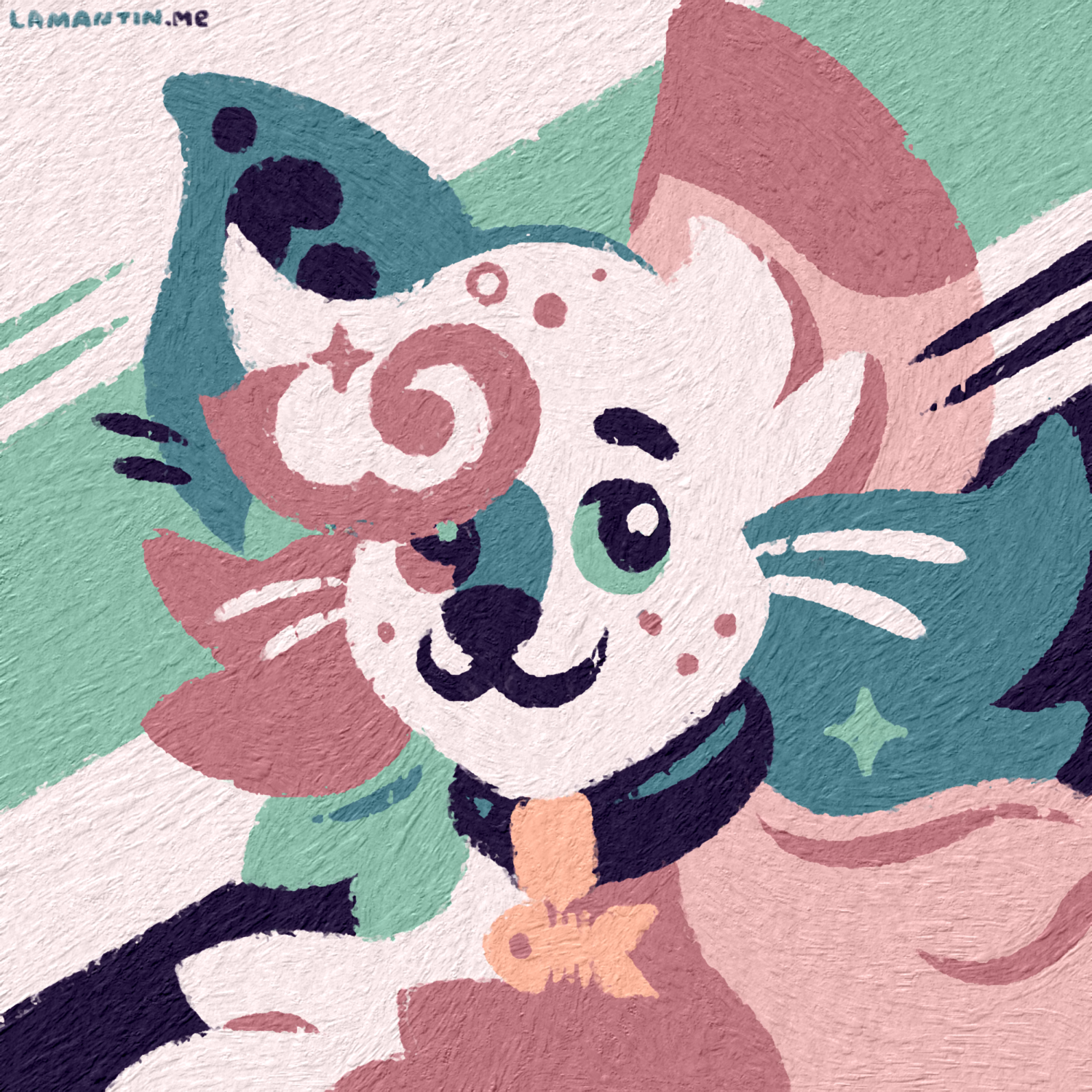 A square avatar of a white, tan and green furry character done in a simple abstract style
