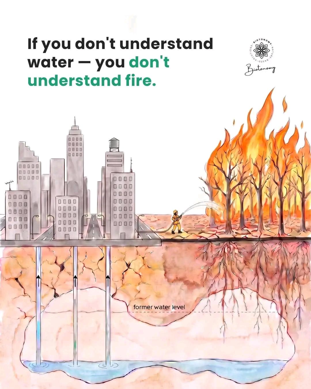 🔥 If you don't understand water, you don't understand fire. Every wildfire begins long before the first spark. We drain the Earth's groundwater, pave over the land, and send precious rain rushing to the sea instead of letting it nourish the soil. Trees slowly die from thirst until forests become fuel. Every wetland restored, every tree planted, and every drop of rain returned to the ground is a chance to save lives, wildlife, and our future. Don't wait for the next fire. 💧🌍