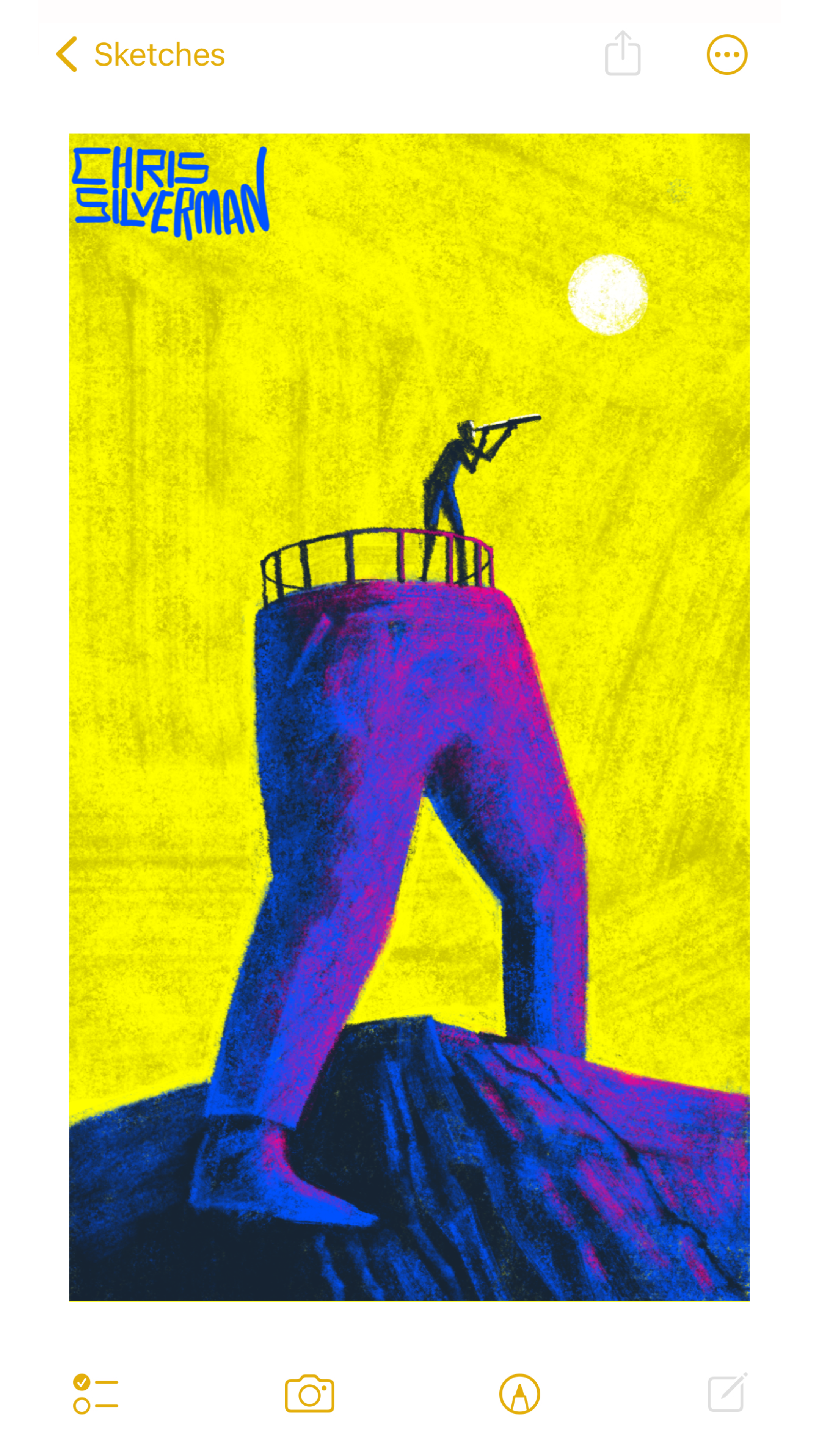 A vast pair of legs stands astride a blue mountain against a yellow sky. In the top right of the sky is a round yellow sun. At the waist, where the upper body would normally be, is a railing. A figure stands on top of the legs as though they're a raised platform. The figure is looking through a telescope. The front of the legs are slightly tinged with crimson light. The painting is signed "Chris Silverman".