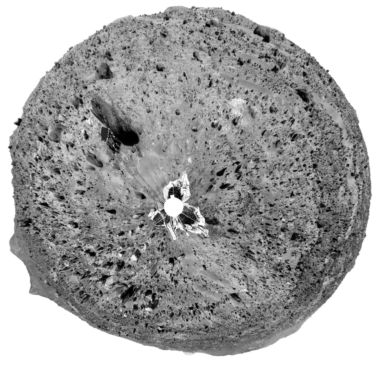 The Pathfinder panorama projected into a circle - a sort of polar projection. North is at the top, the lander is in the middle. Much of the southern half of the panorama shows relatively distant features - Twin Peaks and Big Crater. To the north the horizon is much closer. Sojourner might be able to reach it.