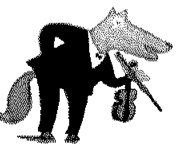 a wolf/dog/fox, wearing a suit and bow tie, holding a violin.