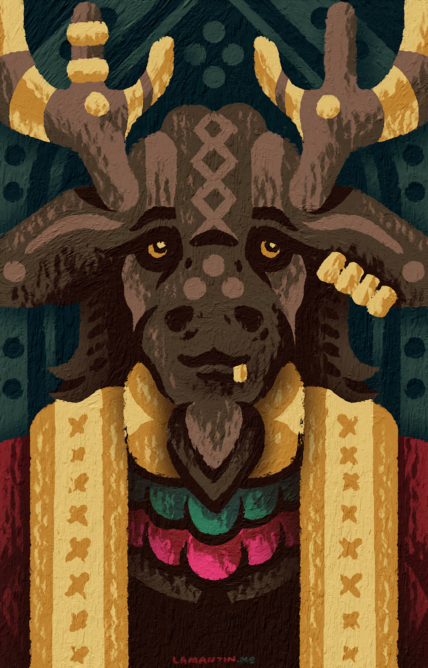 Portrait of a brown moose character in vibrant clothes done in an abstract style