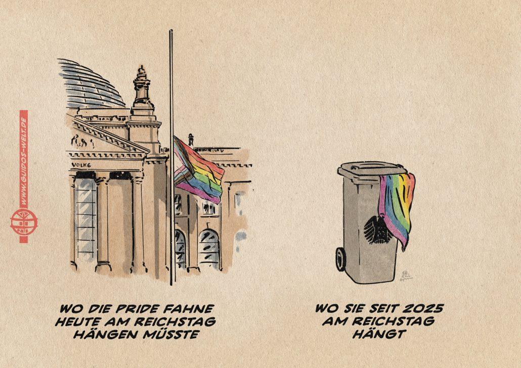 Illustration in Art eines Diptychons: links der Reichtsag mit einem davor stehendem Fahnenmast an welchem die Regenbogenfahne auf Halbmast hängt. Rechts eine Mülltonne mit dem Wappen des Bundestages aus welchem eine Regenbogenfahne hängt. Textzeile links: wo die Pridefahne heute am Reichstag hängen müsste. Textzeile rechts: wo sie seit 2025 am Reichstag hängt.