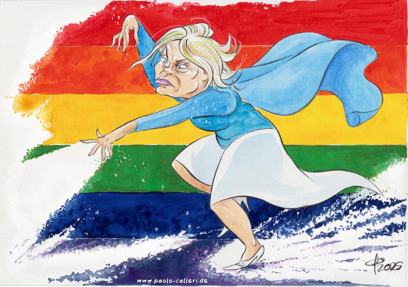 Karikatur "Die Eispräsidentin" aus dem Jahr 2025. Julia Klöckner in einem blauweißen Kleid. Grimmig stampft und sprüht sie Schneestrahlen aus ihren Fingern, mit denen sie die Regenbogenfahne im Hintergrund nach und nach in ein Weiß verändert.