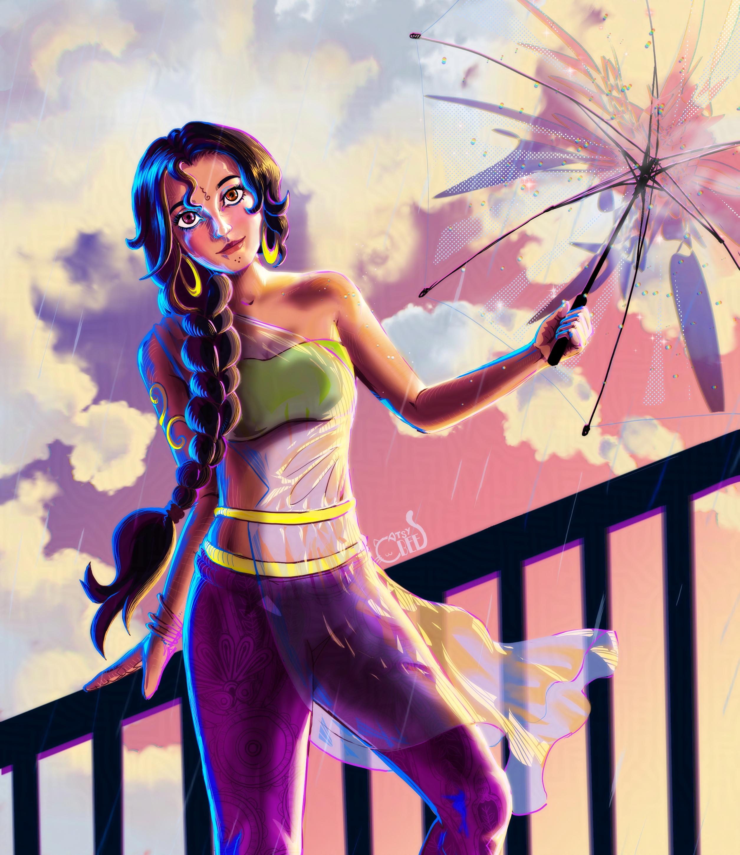 Illustration of Maya Narayanan. Maya is a character owned by jamipurohit. She has long dark braid, wearing a green top and purple patterned pants. She holds a transparent umbrella while standing near a dark railing against a colorful dusk time lit up background of rainy clouds. There is slight drizzling rain. She has tilted the umbrella away from her letting the droplets fall on her.