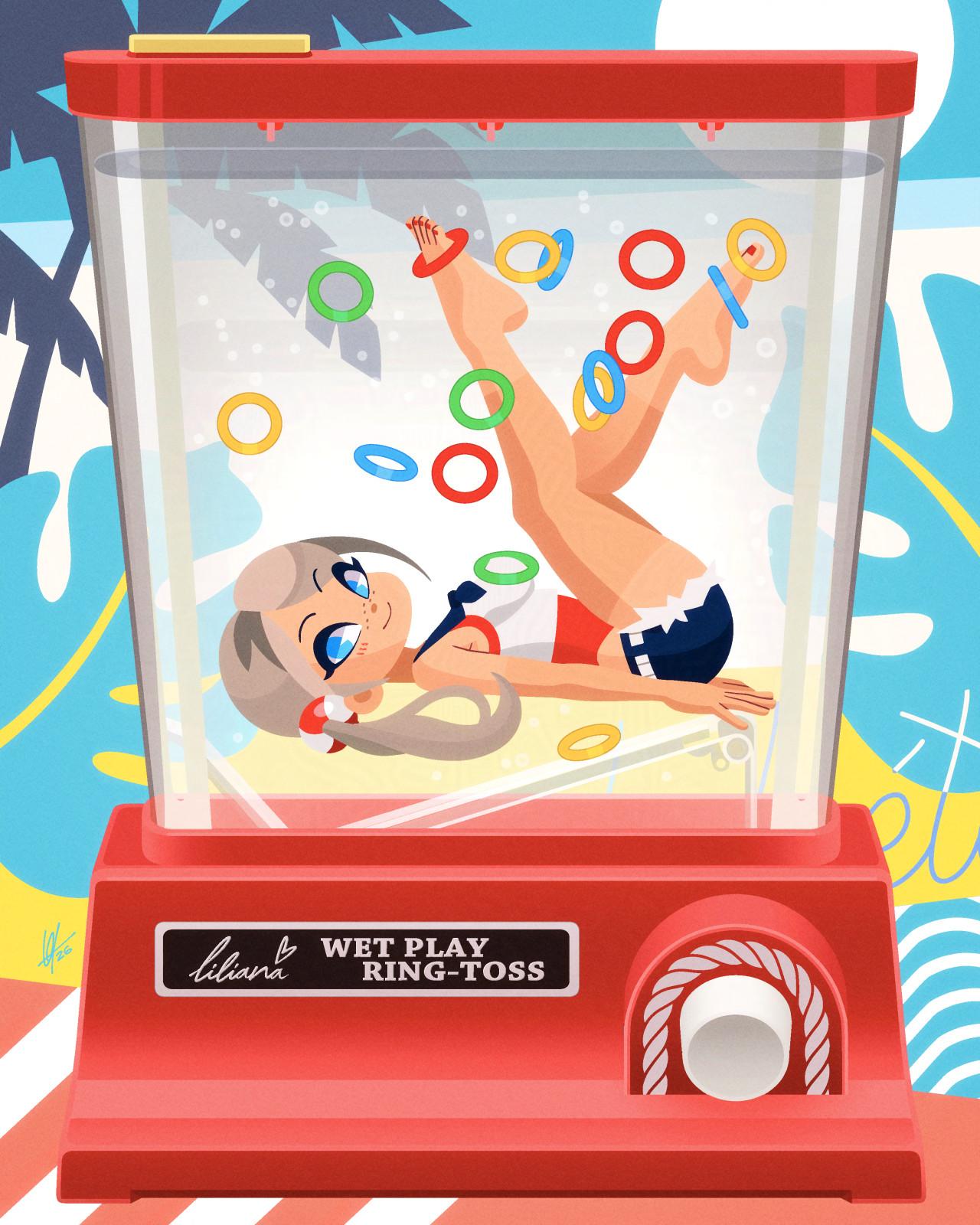A pin-up drawing of Liliana Canistrelli lying on her back catching multicoloured rings on outstretched legs. She's situated within a plastic enclosure based on the Tomy Waterful Ring Toss handheld water toy game.