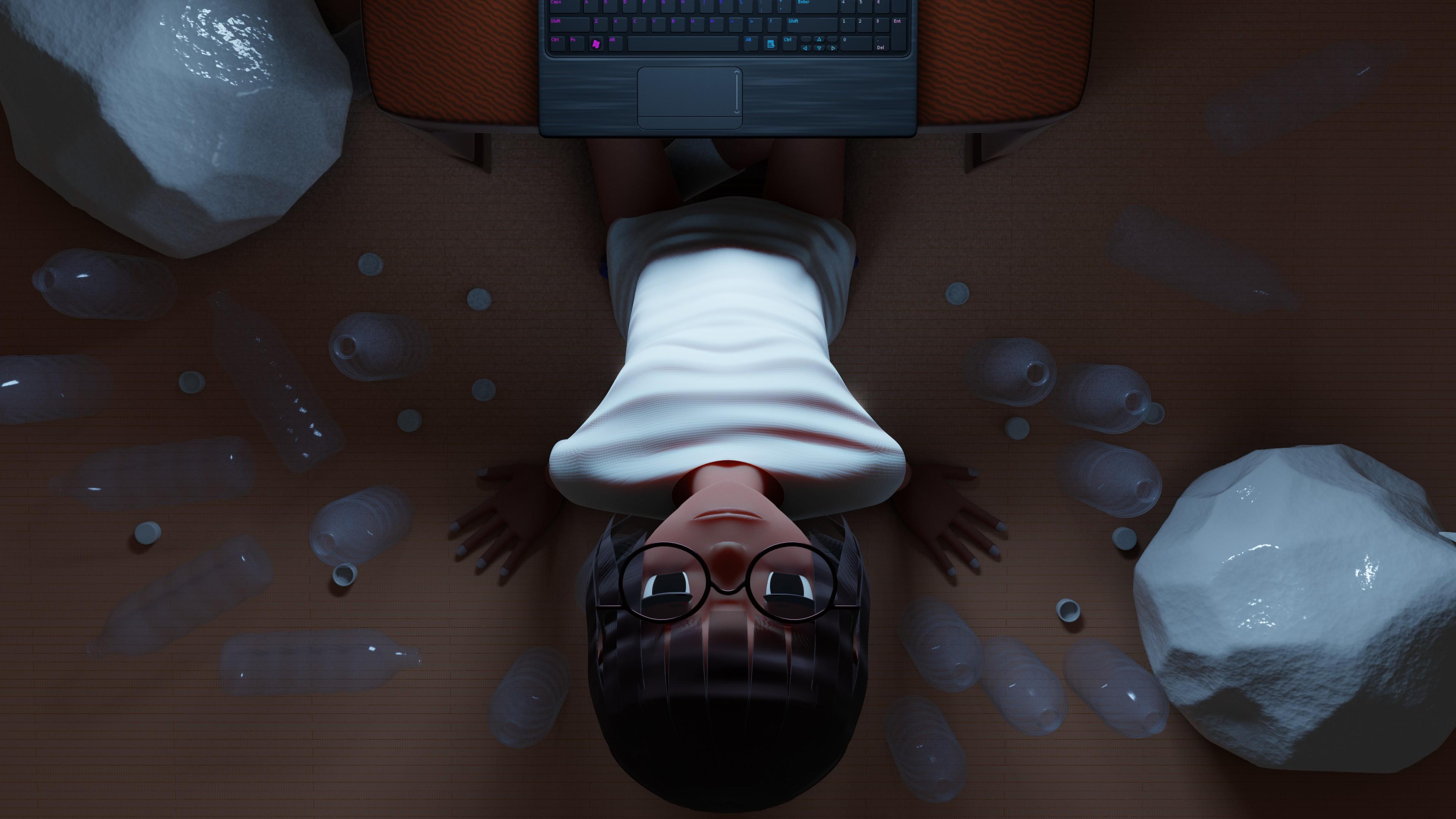 Preeya in a dark room, surrounded by empty water bottles and bagged trash. She's illuminated by a laptop on the table in front of her.