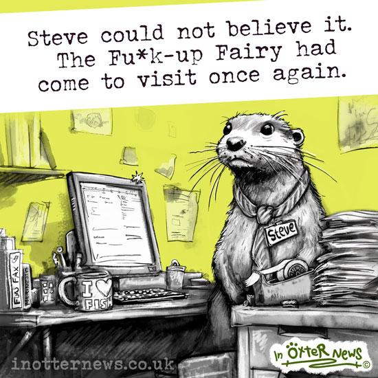 A stylized black-and-white cartoon otter wearing a name tag sits at a cluttered office desk with a computer, mug, and stacks of paperwork against a bright yellow backdrop.