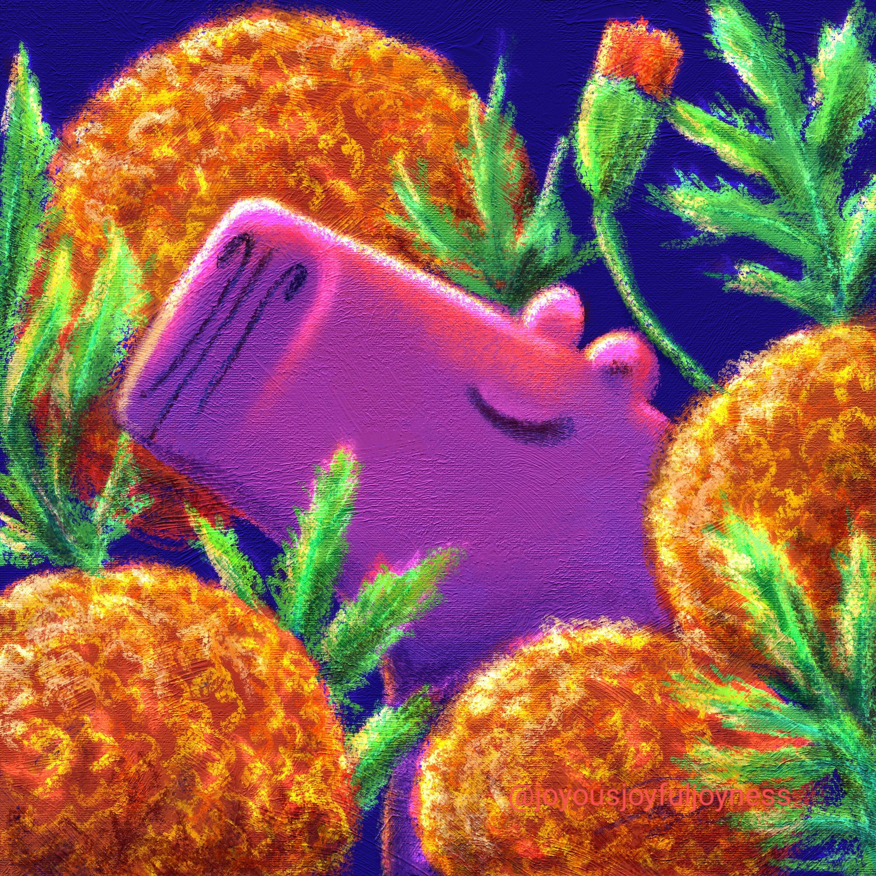 Painting of a Capybara resting among round marigold flowers. The artist's signature and watermark @joyousjoyfuljoyness are at the bottom right.