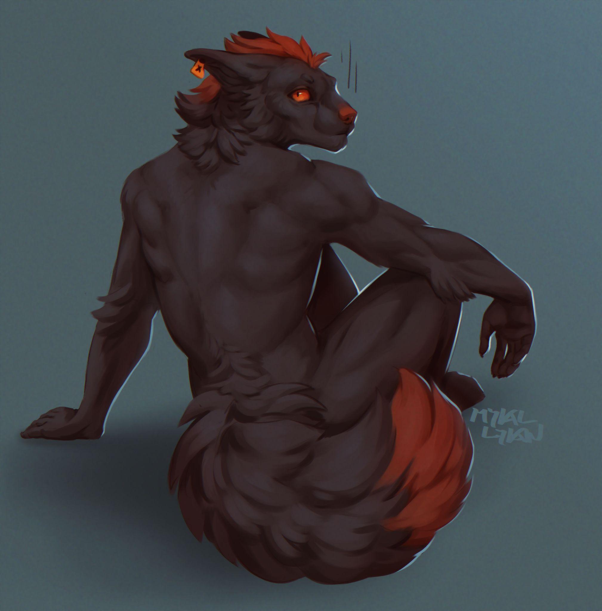 A dark brown anthro canine with a very fluffy tail, sitting on the floor. They look worried, looking at something behing the camera.