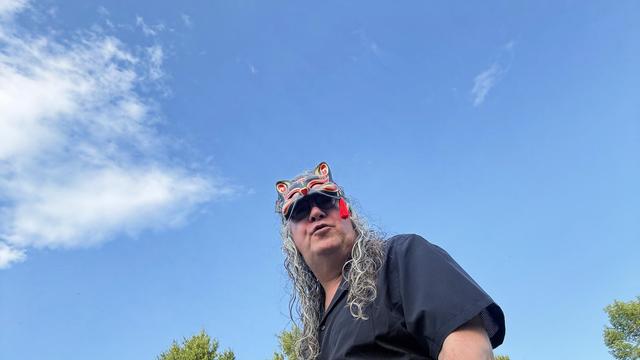 Man in black shirt with disco collar is wearing a fox mask high on his head with hair that splits over his shoulders like twintailes under a blue sky