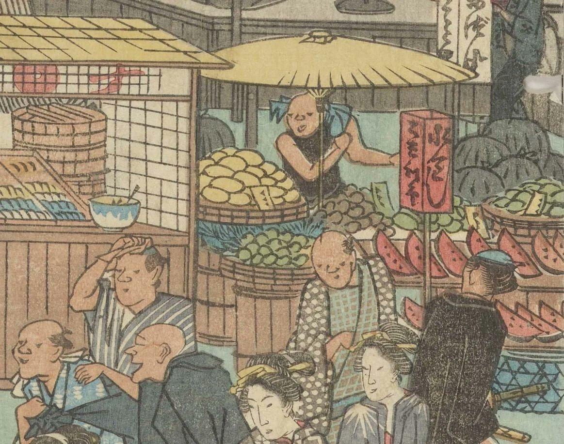 Woodblock print of a fruit vendor (visible are slices of watermelon).

Image thanks - https://ja.ukiyo-e.org