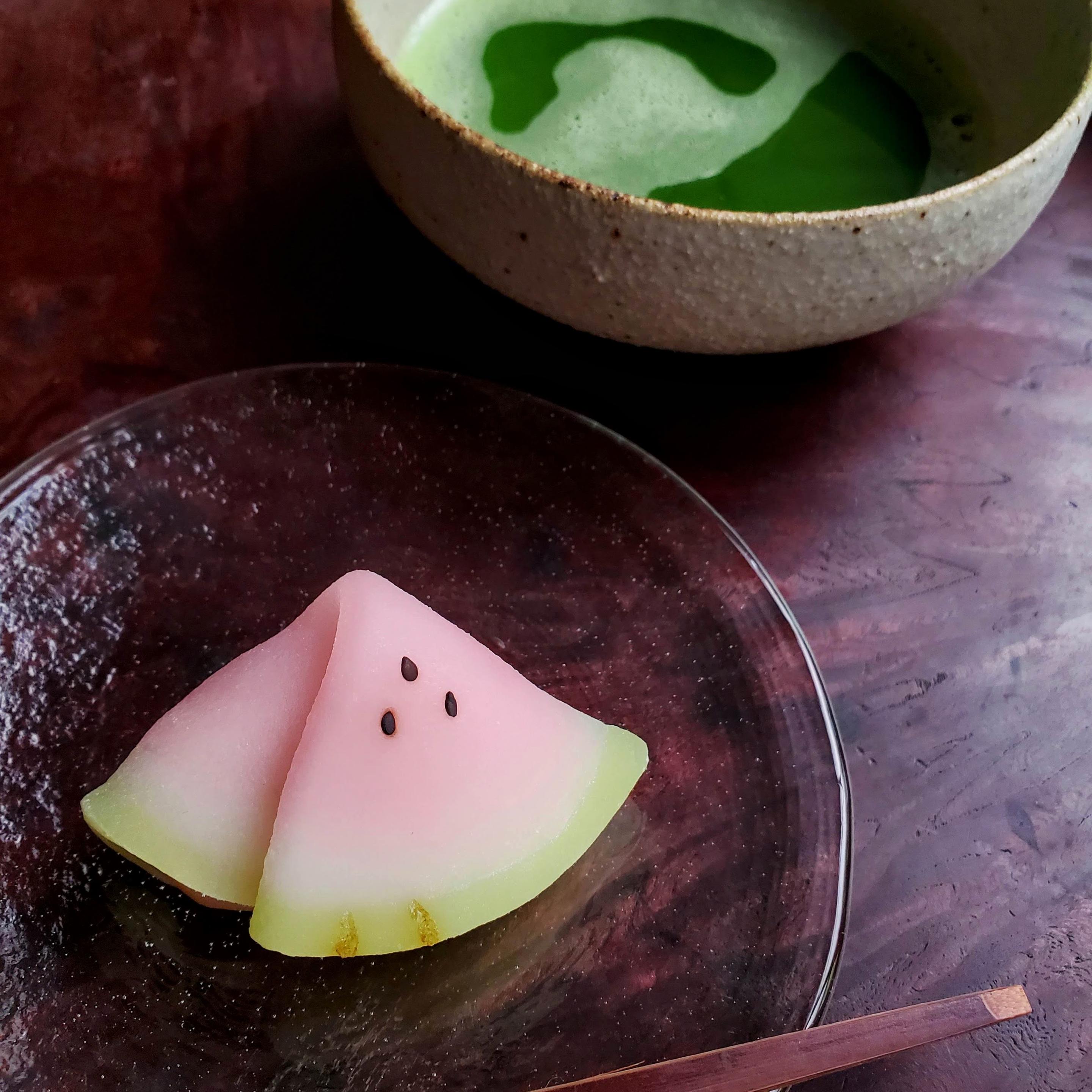 Kameya Yoshinaga's beautiful folded mochi sweet, 'hito-suzumi', is shaped and coloured like a watermelon slice.