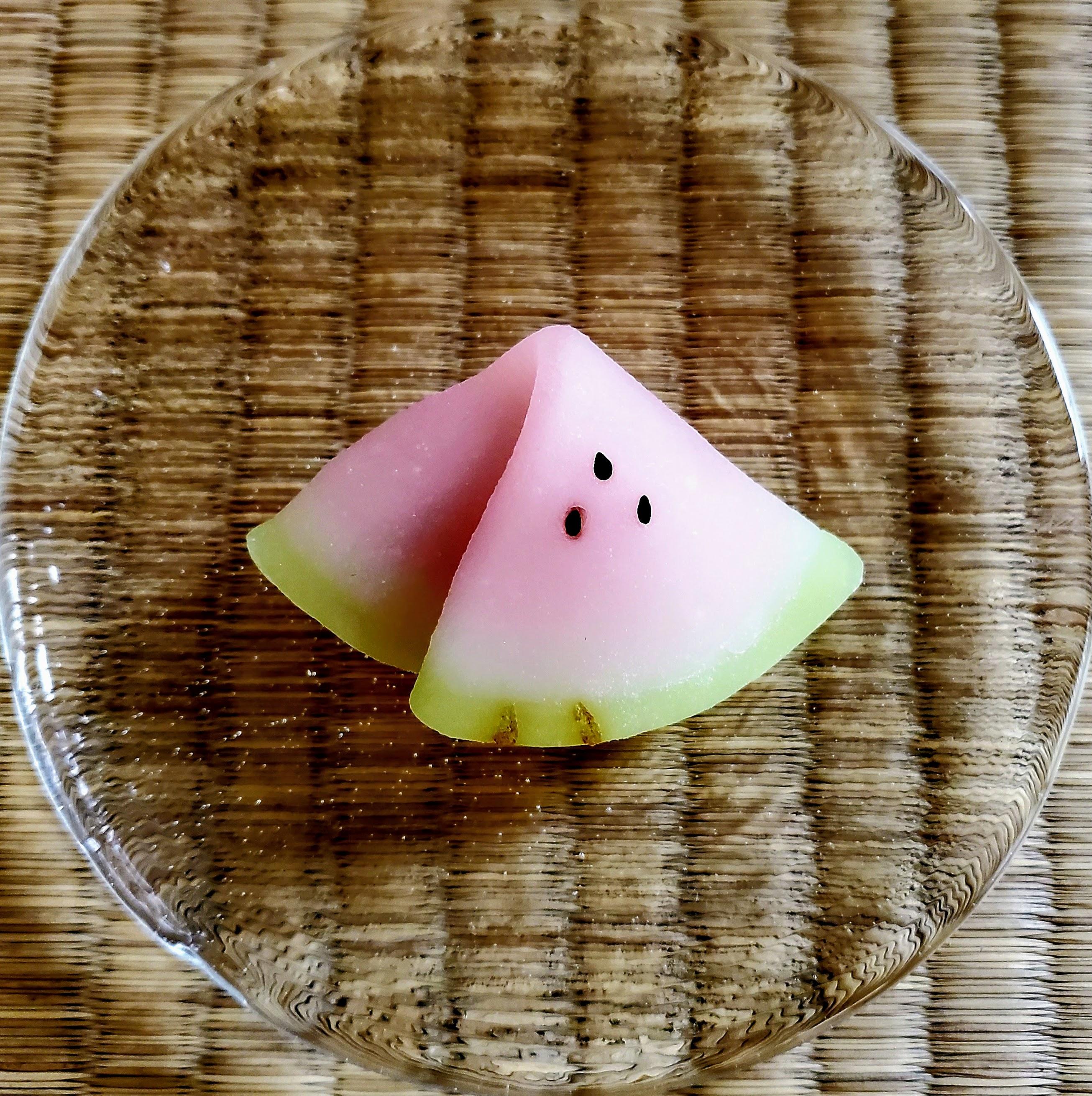 Kameya Yoshinaga's beautiful folded mochi sweet, 'hito-suzumi', is shaped and coloured like a watermelon slice.