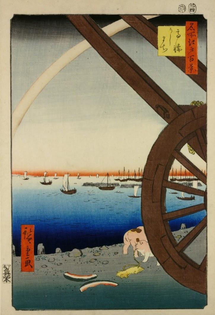 Woodblock print - "One Hundered Famous Views of Edo" - Ushimachi (Ox Town) in Takanawa. Puppies are playing with a straw sandal next to leftover water melon wedges on the ground.

Image thanks - https://ja.ukiyo-e.org